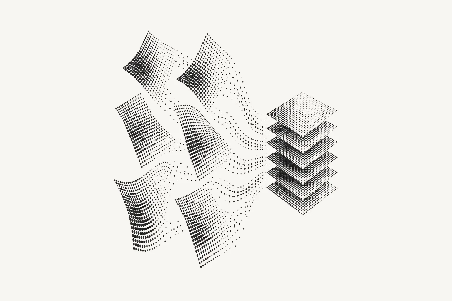 Six loose halftone sheets drifting together into one neatly stacked system of dotted layers
