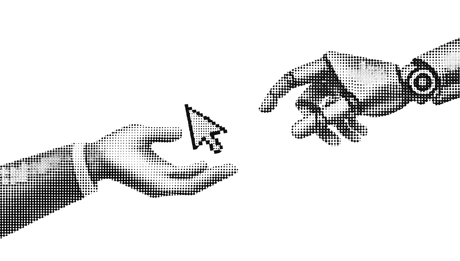 A human hand gives a cursor to an AI hand in a monochrome halftone composition