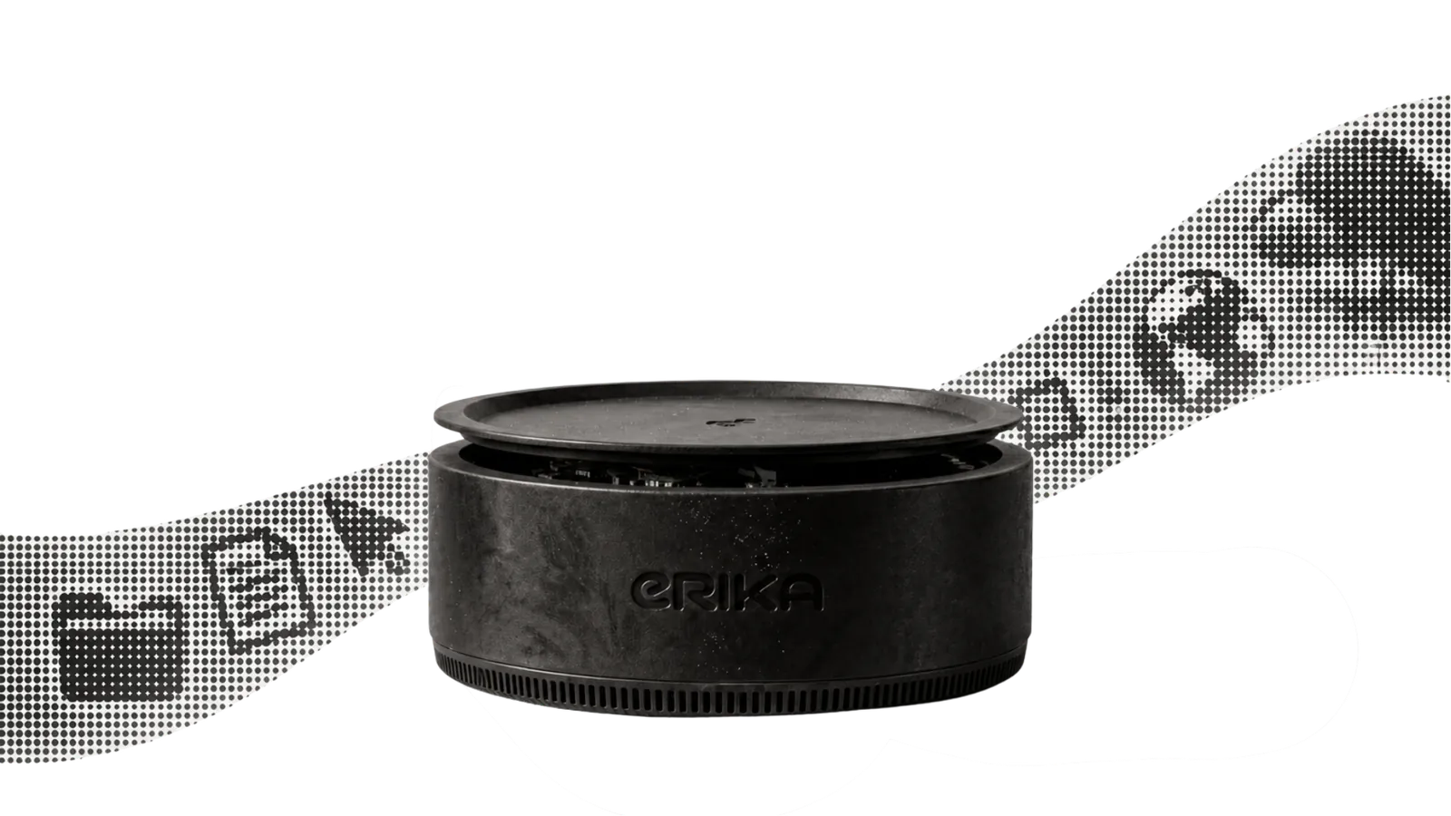 The real ERIKA mini computer with its lid slightly open as a dotted system path passes through it