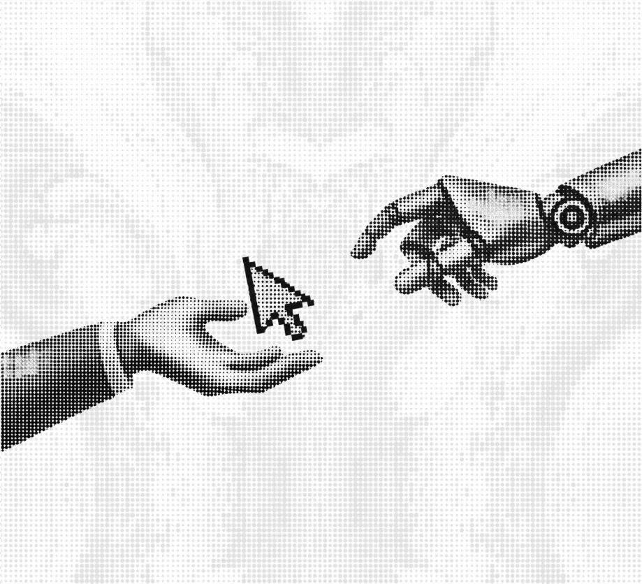 A human hand receiving a cursor from a robotic hand in monochrome halftone