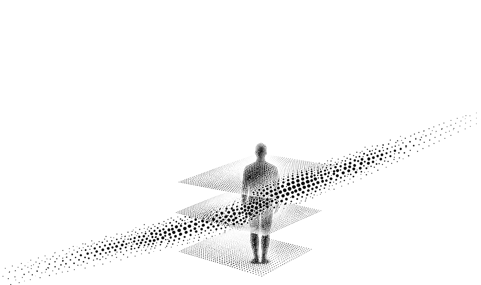 An AI resident drawn in halftone dots standing inside three stacked layers of its own system while a dot current passes through it