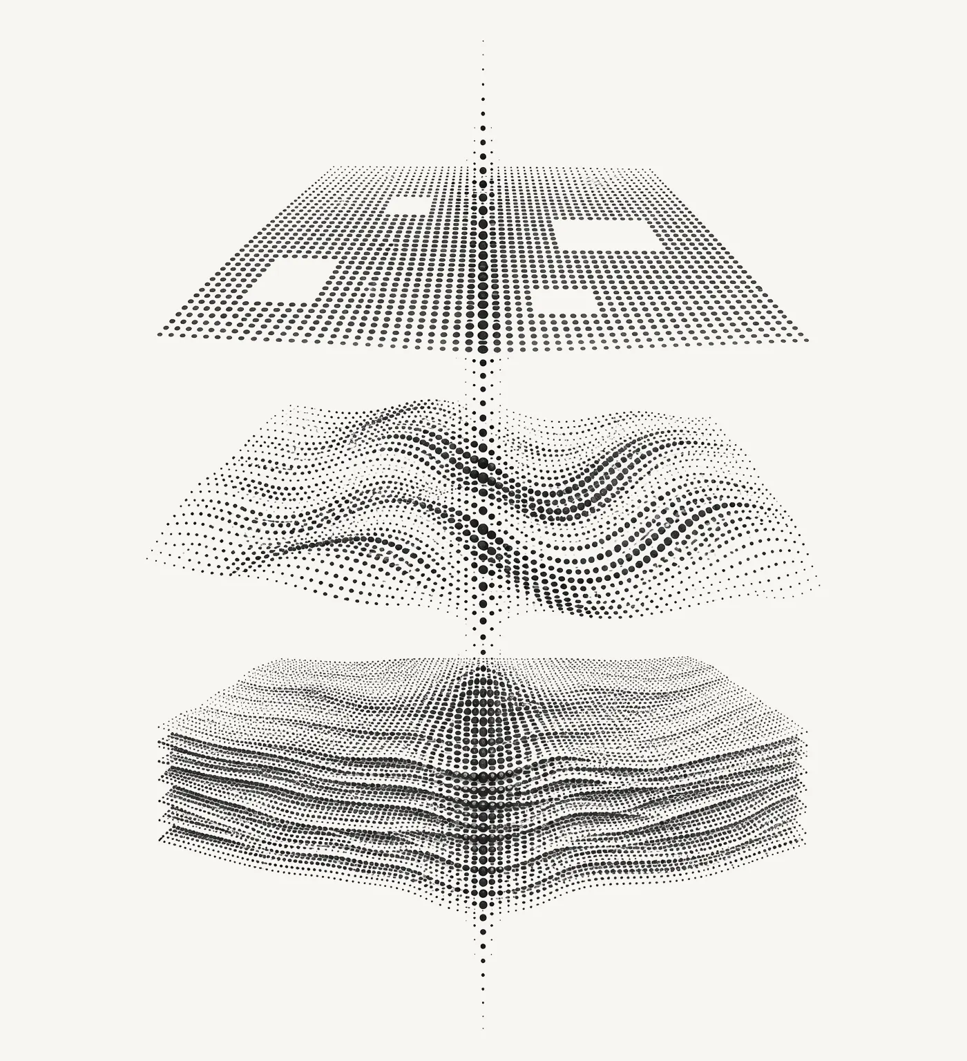 Three stacked halftone layers, a gated dot grid, a rippling dot wave and a pile of thin dotted sheets, threaded by one vertical dot current
