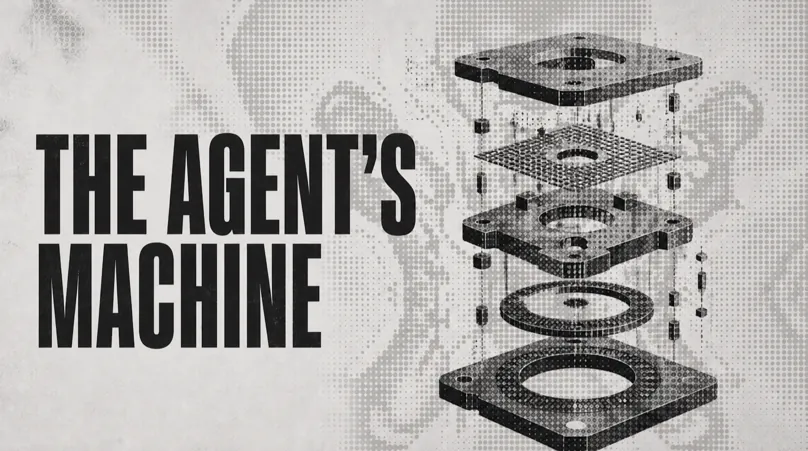 Exploded machine layers surrounding a halftone agent figure