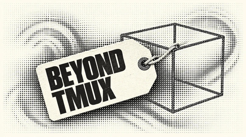 A cream paper luggage tag reading BEYOND TMUX tied to a plain graphite box outline, surrounded by halftone dots