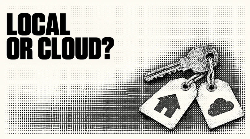 An old key tied to two paper luggage tags stamped with house and cloud symbols, surrounded by black halftone dots on warm paper