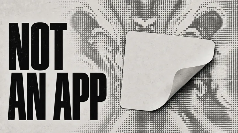 A blank rounded paper sticker with one corner peeled up off a halftone dot field