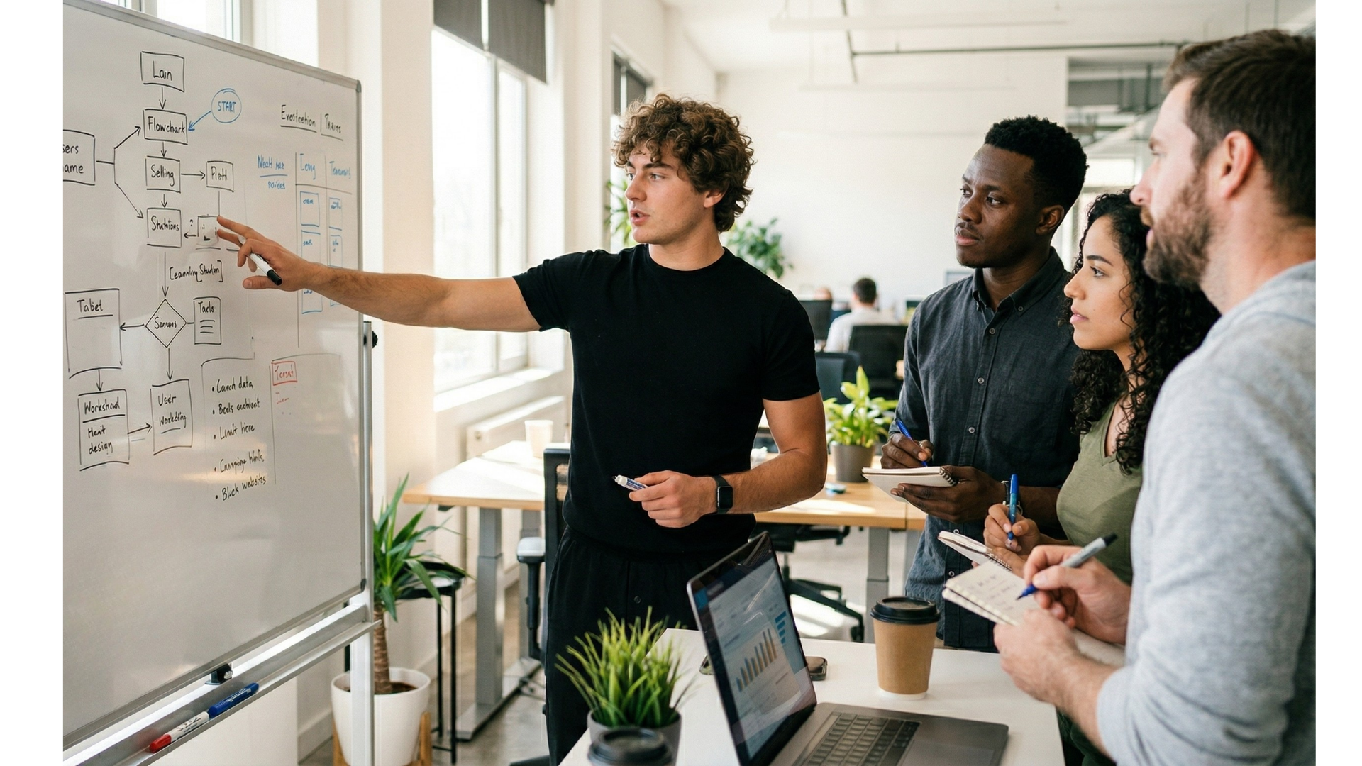 team discussing ideas on whiteboard in office
