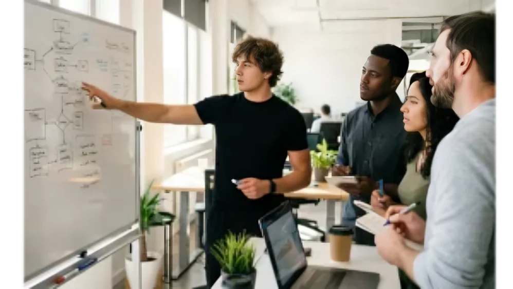 A team analyzing a whiteboard diagram of a real estate lead generation funnel system for coaching sales growth.